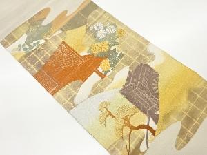 御所車に洛中風景・草花模様織出し袋帯